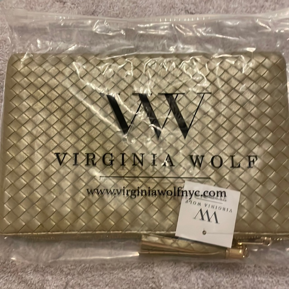 Brand New Virginia Wolf Vegan Leather Gold Metallic Clutch 7x11